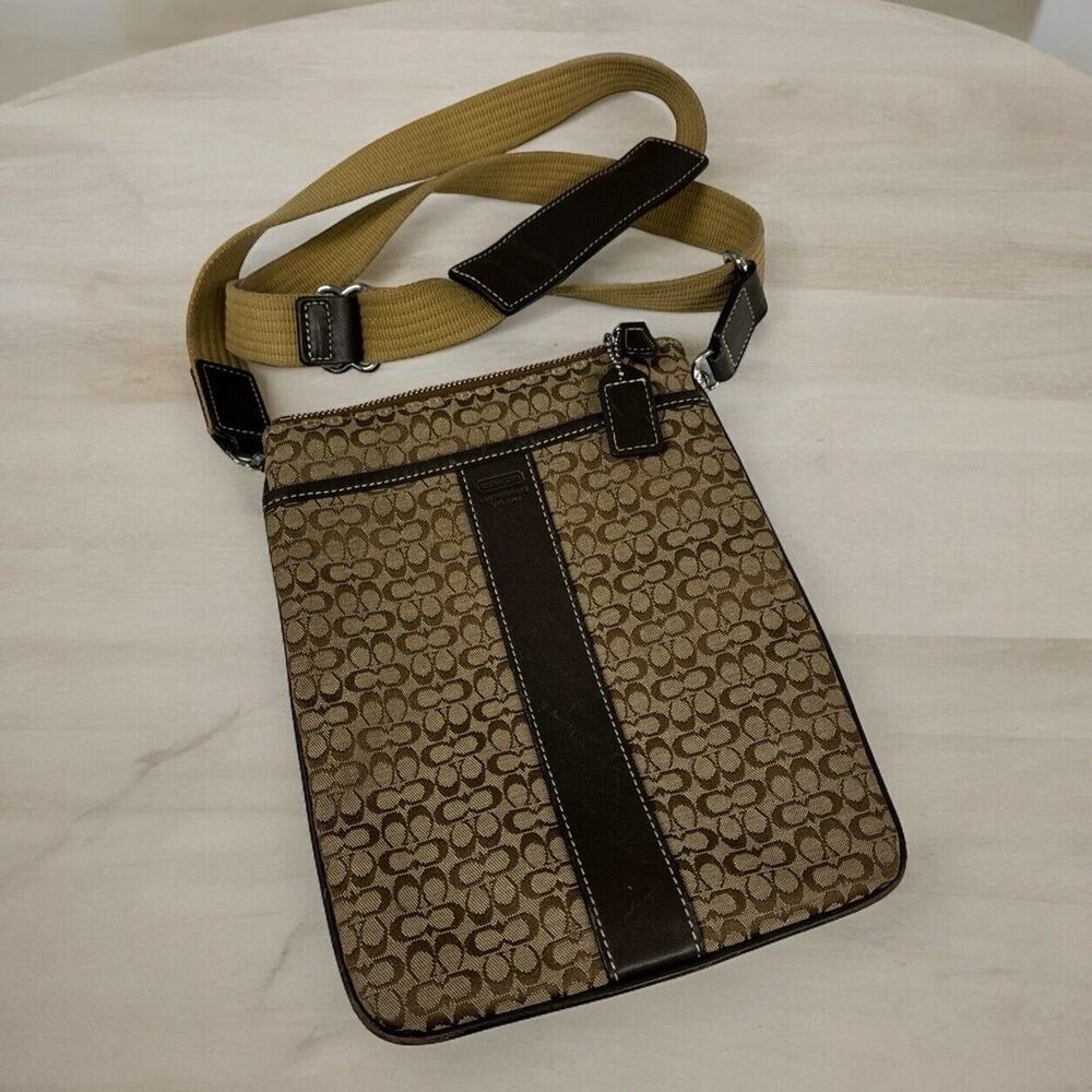 Coach Canvas Leather Trim Tan Brown Crossbody Filebag Signature Travel Purse